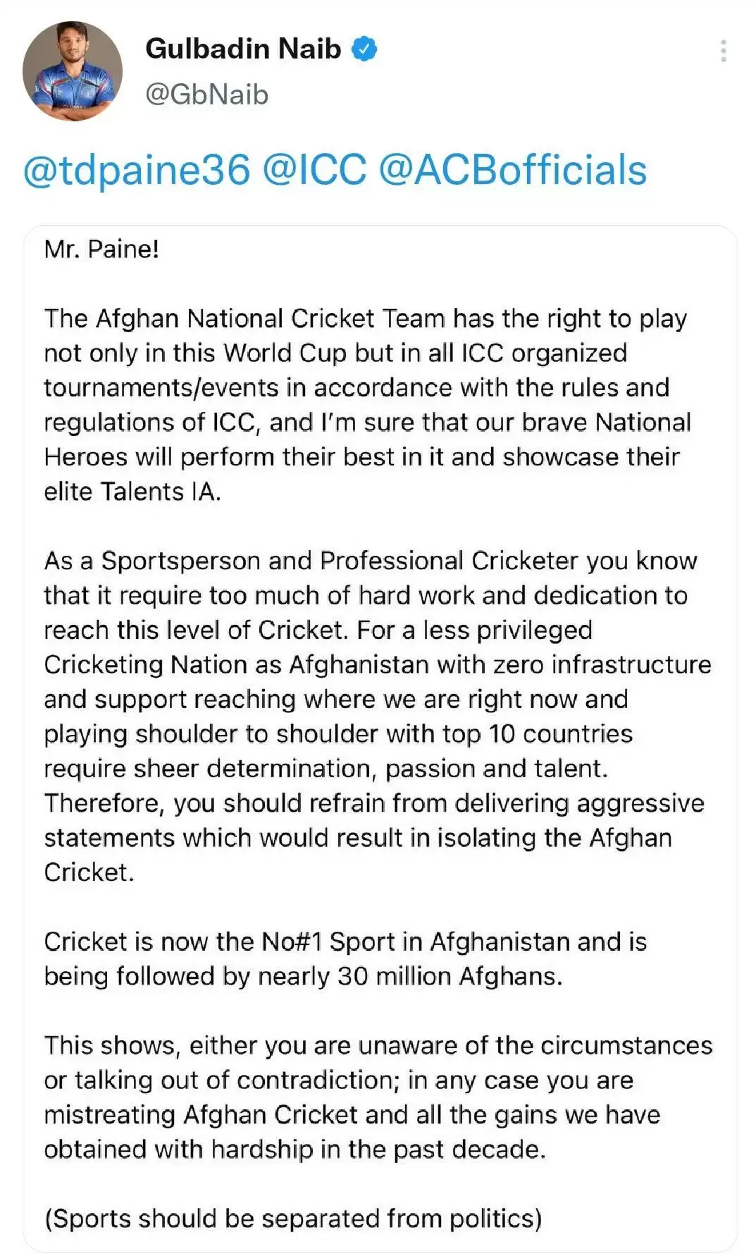Gulbadin Naib responds to Tim Paine&rsquo;s comments on Afghanistan; deletes the tweet later