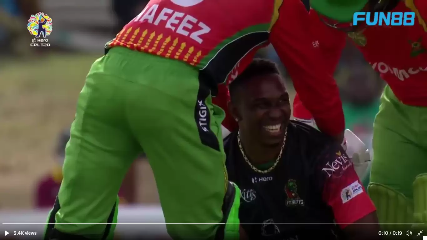 WATCH: Dwayne Bravo down injured; Batsman Hetmyer goes to smash him with bat, shares laughs