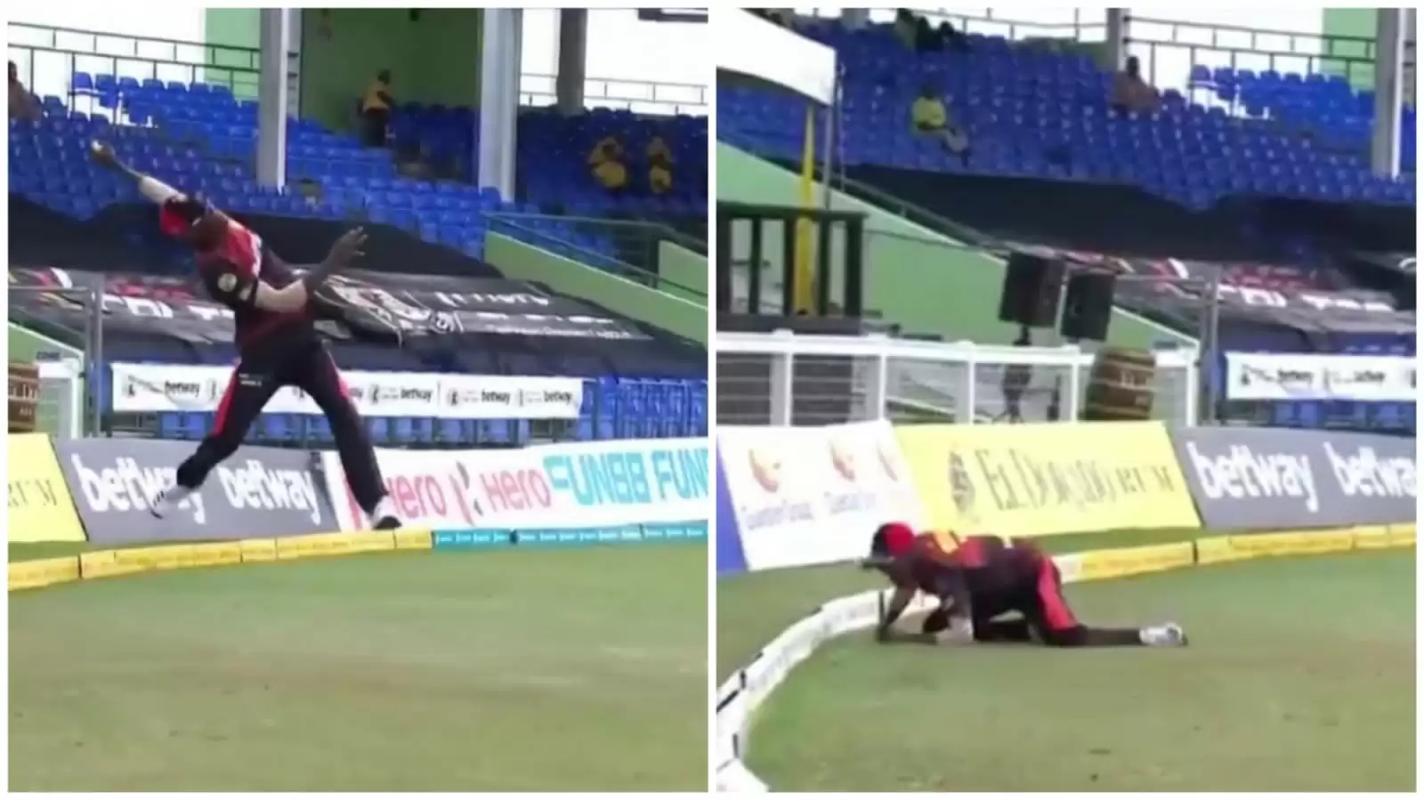 WATCH: Akeal Hosein&rsquo;s jaw-dropping catch at the boundary to dismiss Nicholas Pooran