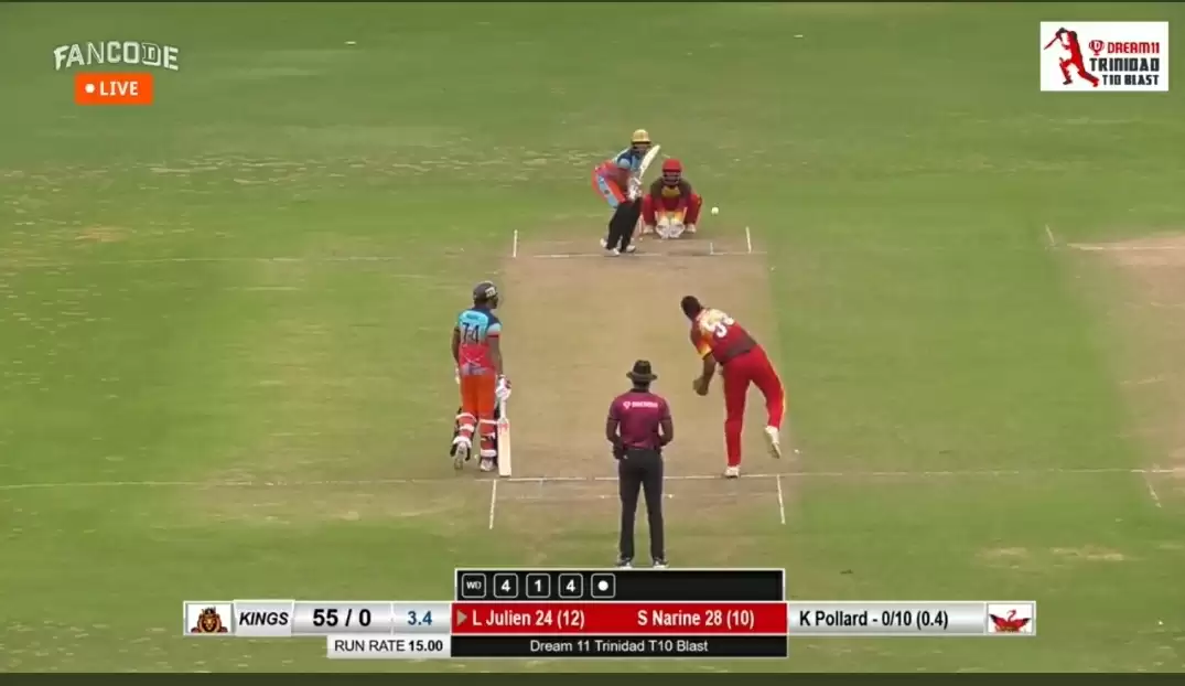 WATCH: Kieron Pollard bowling off-spin in Trinidad T10 Blast; picks up a wicket in the only over he bowls