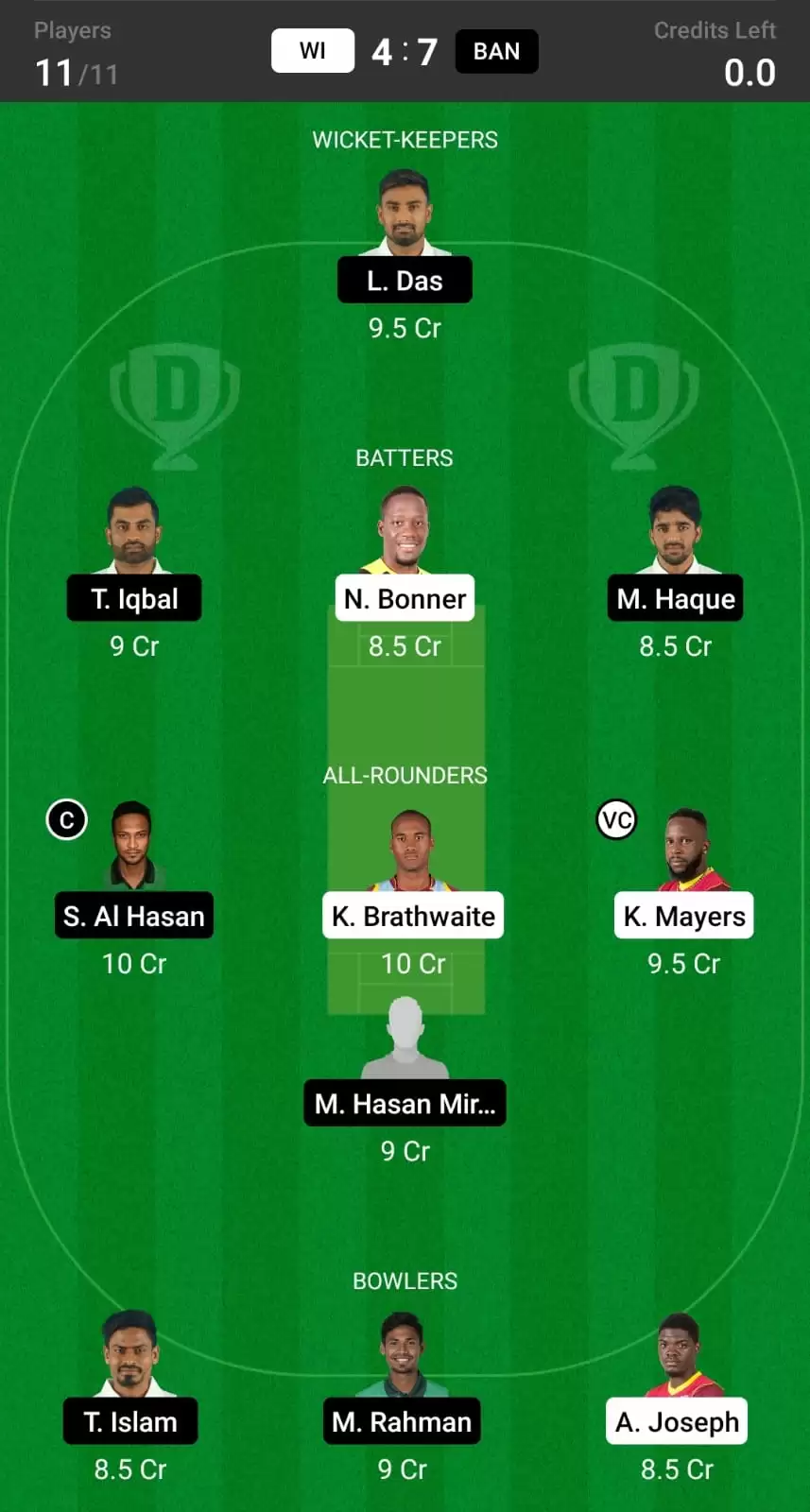 WI vs BAN Dream11 prediction for 1st Test Match Mega League Team