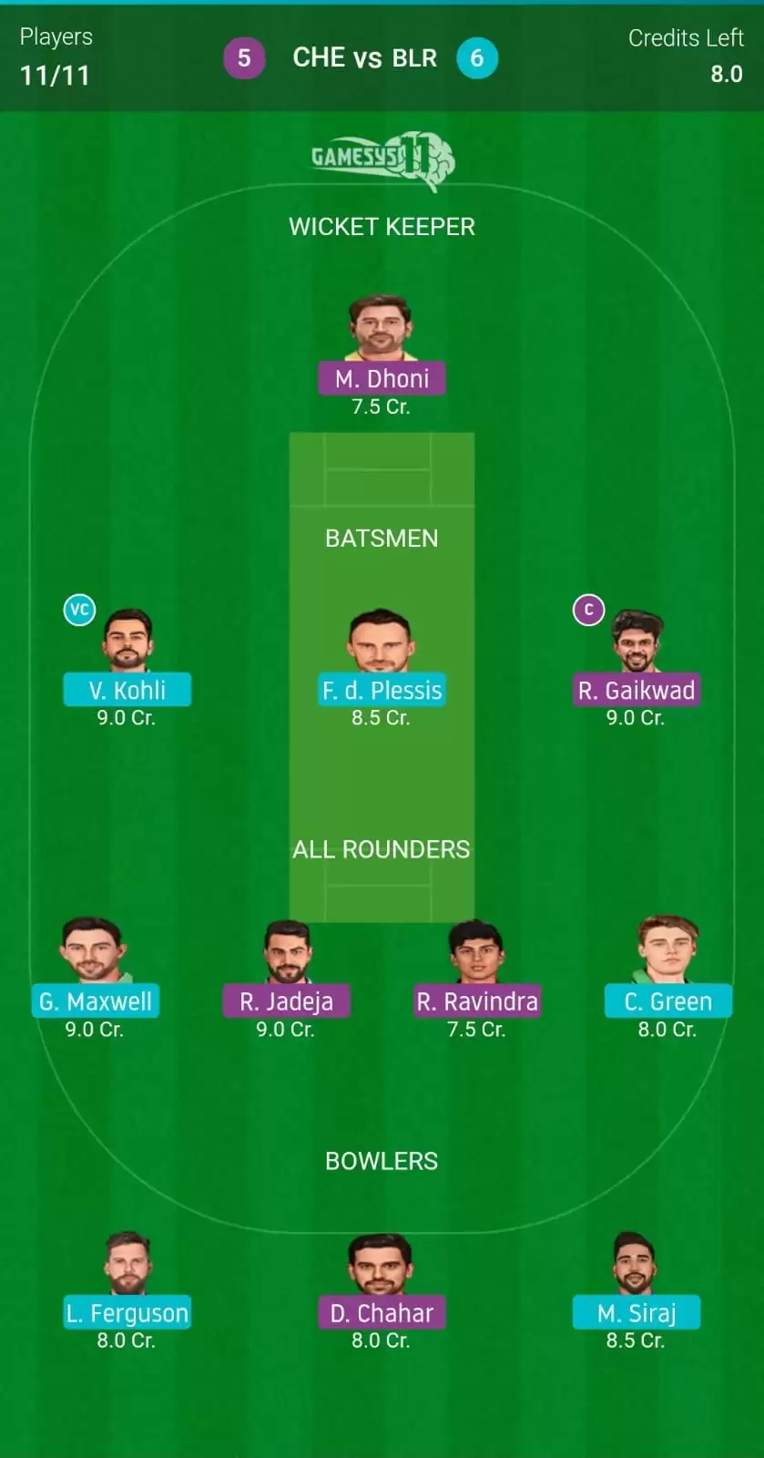 CSK vs RCB Gamesys11 Fantasy Cricket Team