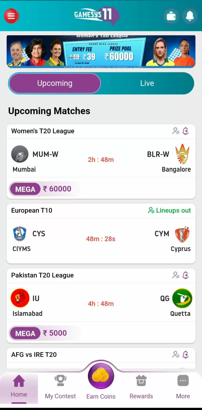 Gamesys11 Fantasy Cricket App