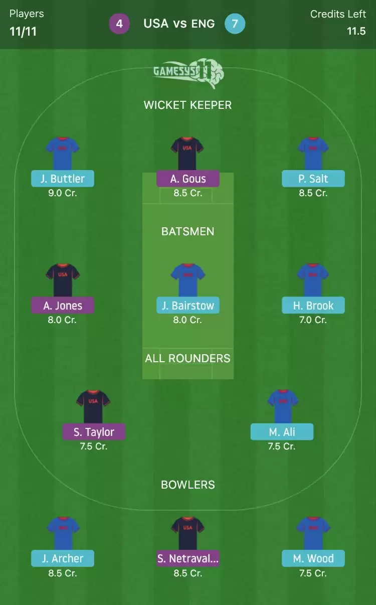 USA vs ENG Gamesys11 Fantasy