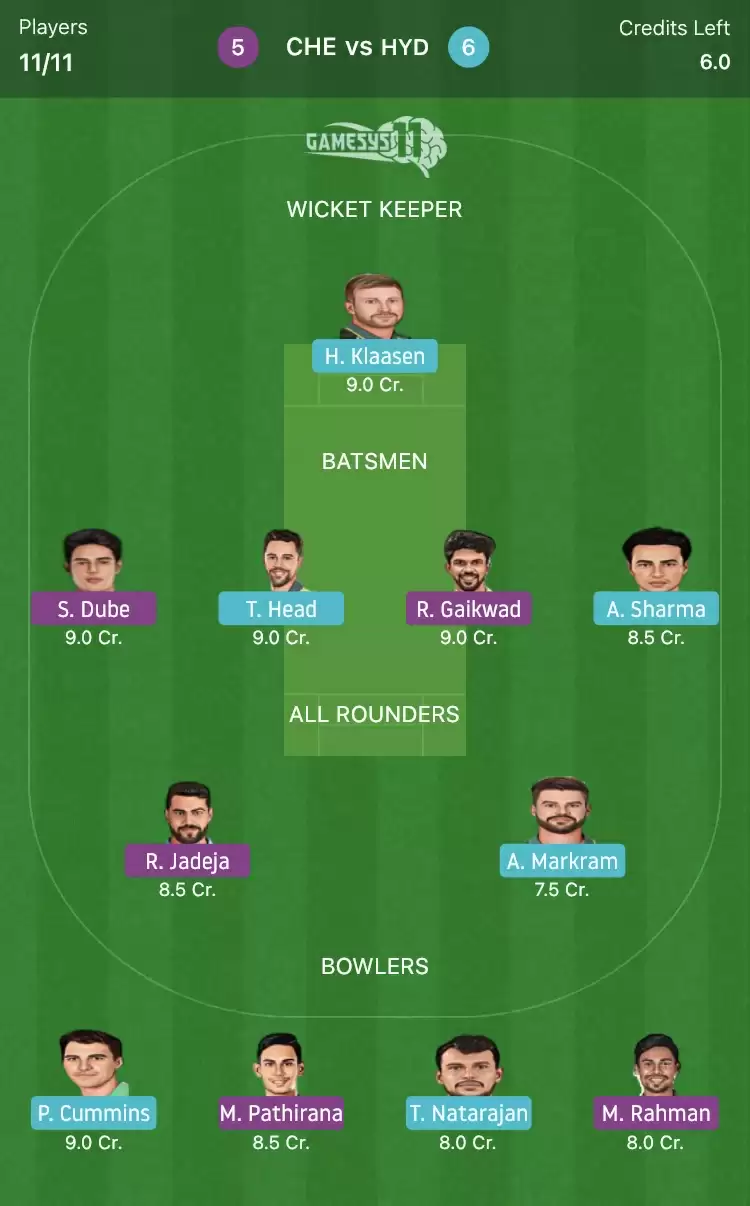 CHE vs HYD Gamesys11 Fantasy